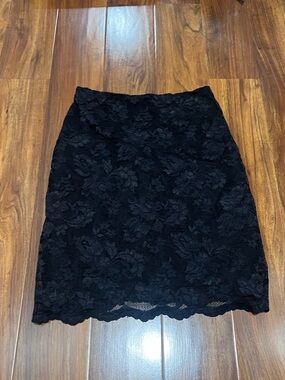 Black floral lace midi skirt